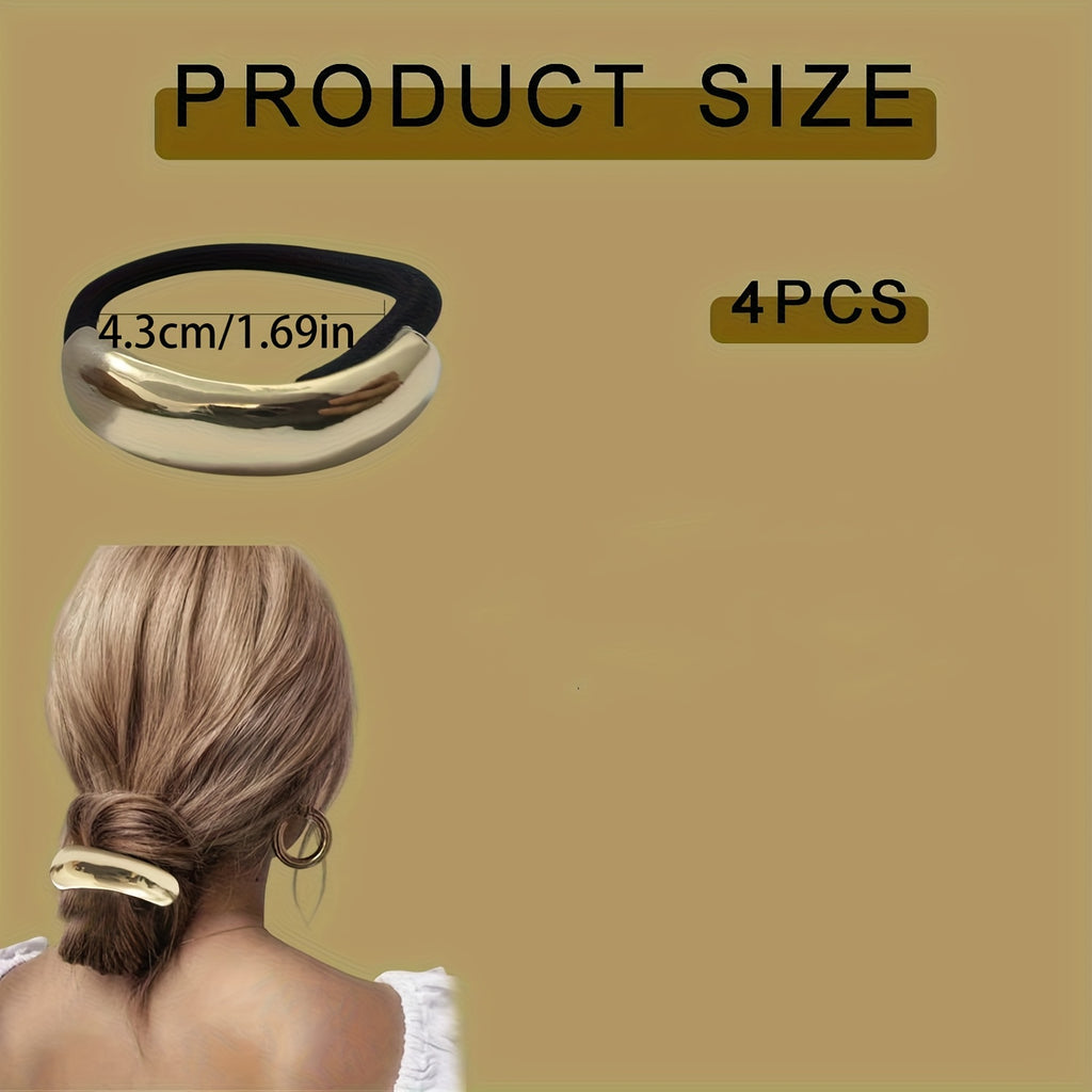 4pcs Golden Metal Hair Ties for Women - Geometric Elastic Hair Cuffs with Secure Hold for Thick Hair, Elegant Retro Hair Accessories for Birthdays & Special Occasions, Hair Styling Accessories, Sophisticated Look, Flexible Design