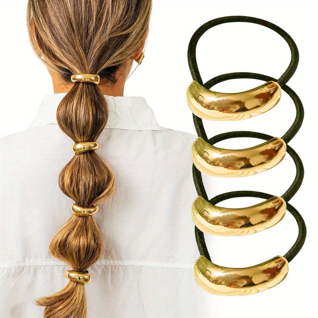 4pcs Golden Metal Hair Ties for Women - Geometric Elastic Hair Cuffs with Secure Hold for Thick Hair, Elegant Retro Hair Accessories for Birthdays & Special Occasions, Hair Styling Accessories, Sophisticated Look, Flexible Design