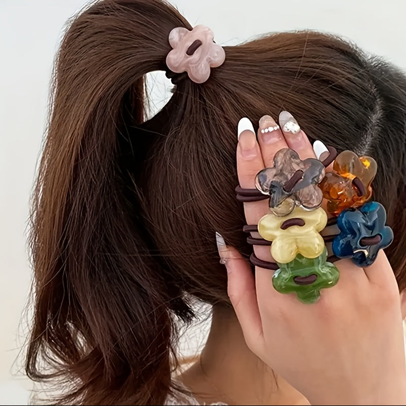 6pcs/9pcs/3pcs/12pcs/8pcs Pieces of Early Spring Flower Hair Rings, Mixed Color Hair Rings, High Elastic Hair Bands, Flower Hair Accessories, Sweet and Cute, Hairband Head, Suitable for Ponytails and Buns