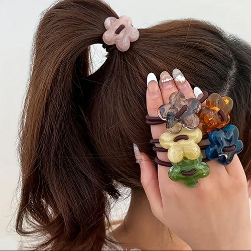 6pcs/9pcs/3pcs/12pcs/8pcs Pieces of Early Spring Flower Hair Rings, Mixed Color Hair Rings, High Elastic Hair Bands, Flower Hair Accessories, Sweet and Cute, Hairband Head, Suitable for Ponytails and Buns