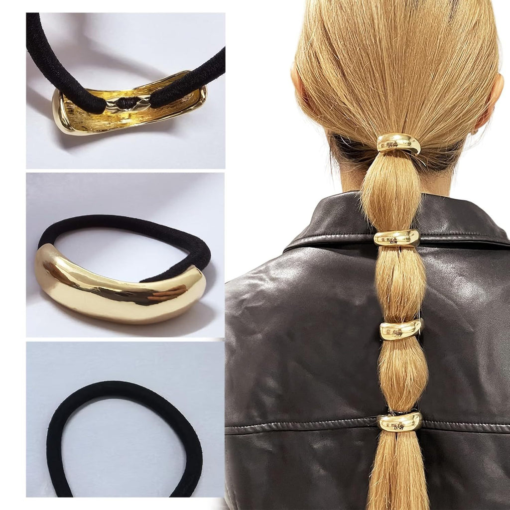 4pcs Golden Metal Hair Ties for Women - Geometric Elastic Hair Cuffs with Secure Hold for Thick Hair, Elegant Retro Hair Accessories for Birthdays & Special Occasions, Hair Styling Accessories, Sophisticated Look, Flexible Design