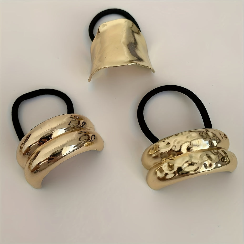 3 Elegant Golden Alloy Hair Ties with Chic Geometric Metal-trimmed Headbands, Durable High-elasticity Black Elastic Hair Accessories, Perfect for Stylish Ponytails, Valentine's Day Gift