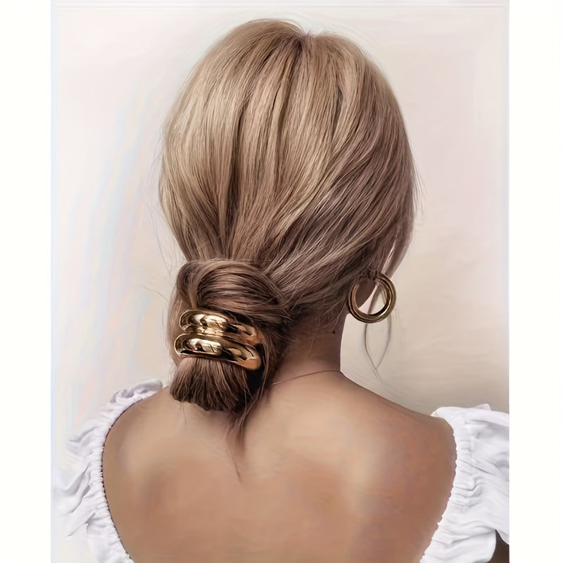 3 Elegant Golden Alloy Hair Ties with Chic Geometric Metal-trimmed Headbands, Durable High-elasticity Black Elastic Hair Accessories, Perfect for Stylish Ponytails, Valentine's Day Gift
